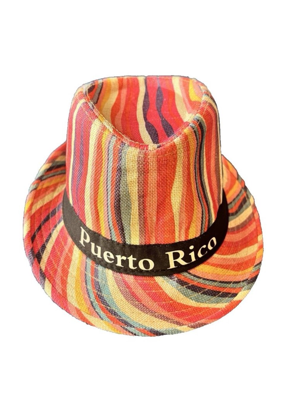 PUERTO RICO Fedora Hat Multi Color Rainbow Stripe Black Printed Band Cotton Poly